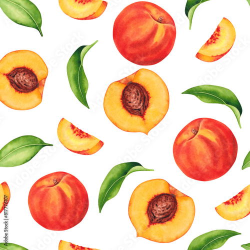 Seamless pattern with juicy peaches on white background. Watercolor Hand drawn illustration for summer 
cover, fabrics, textiles.