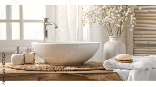 Sink bowl and bath accessories on table in bathroom closeup