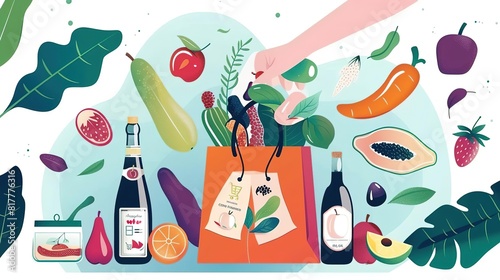 Colorful illustration of a hand holding a grocery bag full of fruits and vegetables