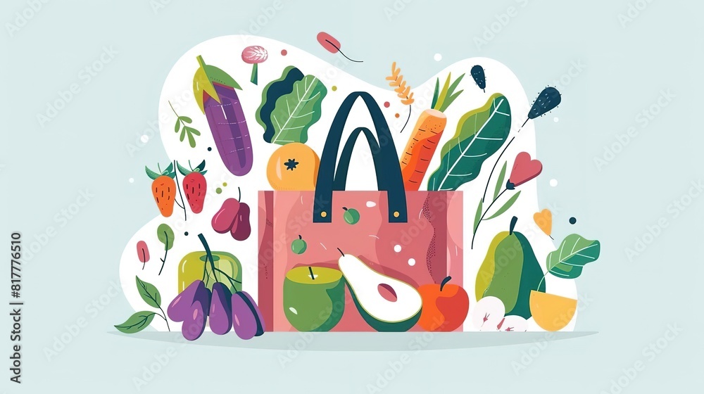 Naklejka premium illustrate a grocery bag with fruits and vegetables. the bag should be pink and placed in the center of the image. the produce should be colorful and placed around the bag.