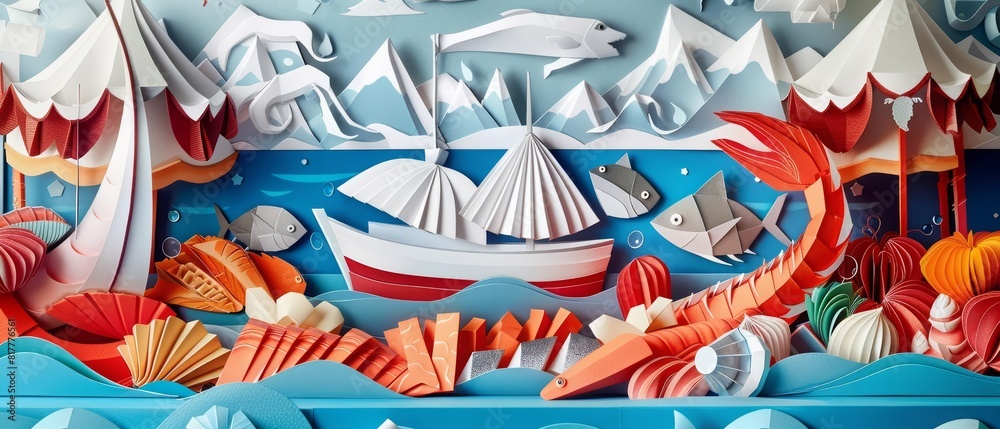 Creative and colourful paper art of a bustling seafood market scene, depicted in classic styles color, banner sharpen with copy space