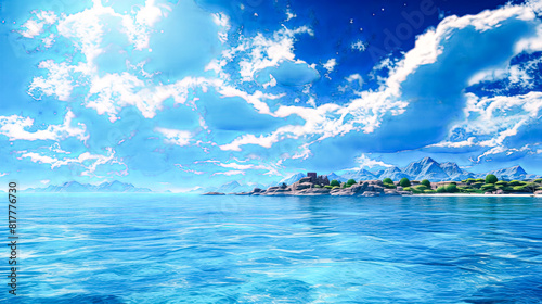 A beautiful blue sky with clouds and a calm ocean