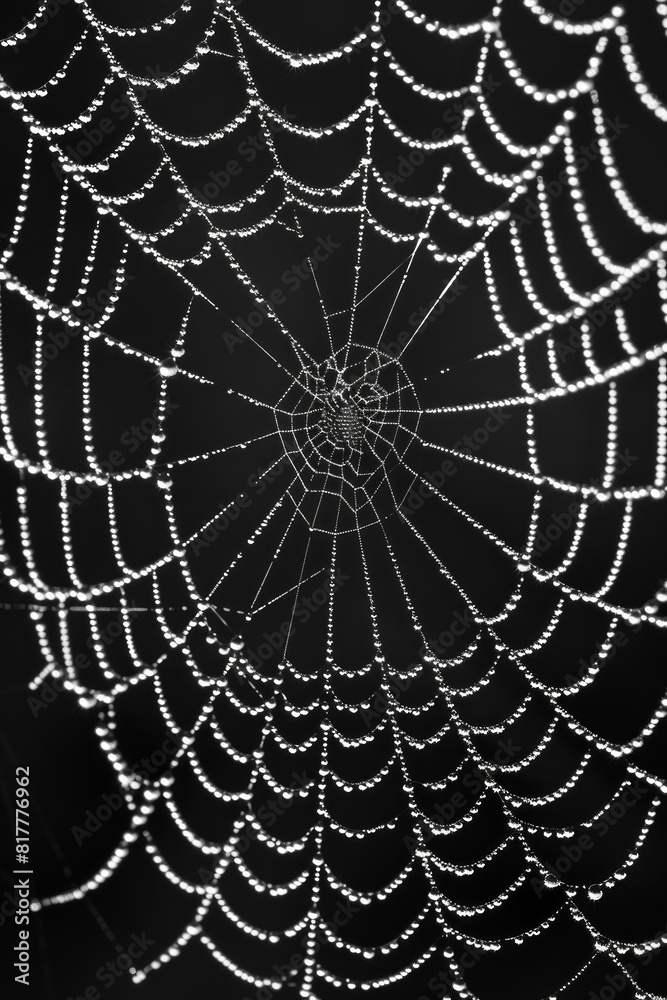 Close-up of a spider web covered in morning dew, highlighting the intricate patterns and delicate texture of the silk. 