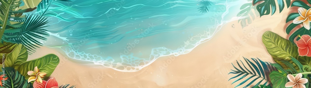 Dive into a tropicalthemed beach flag, enhancing the creative template of a summer party invitation, blank frame template sharpened with large copy space