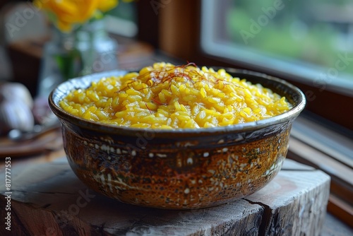 Risotto alla Milanese: Creamy saffron-infused risotto with a bright yellow color and a slightly glossy finish. -