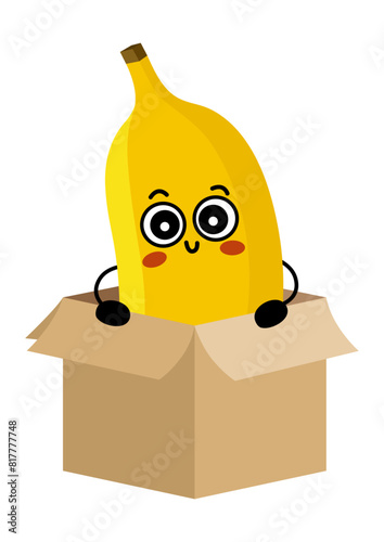 Funny banana character mascot in cardboard box