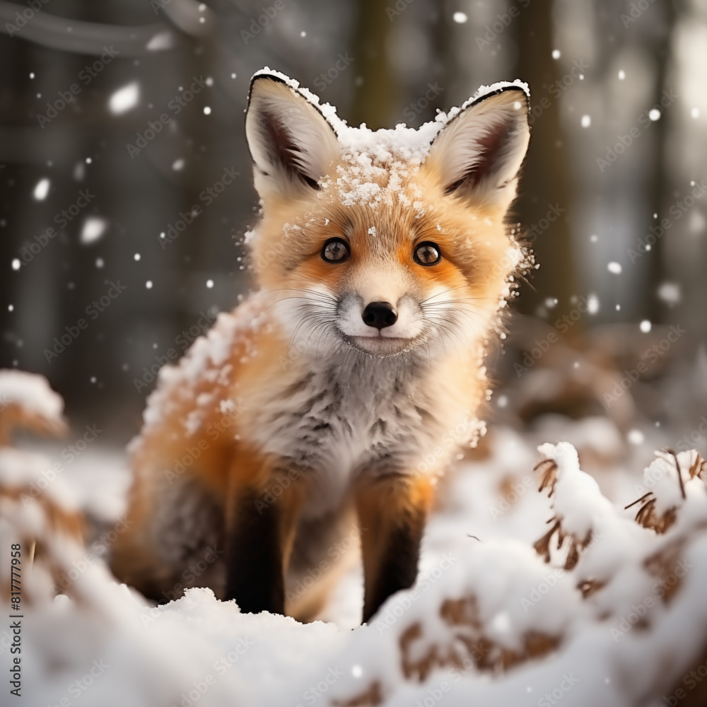Red fox ( vulpes vulpes ) in the snowfall and natural winter environmental Red fox ( vulpes vulpes ) in the snowfall and natural winter environmental