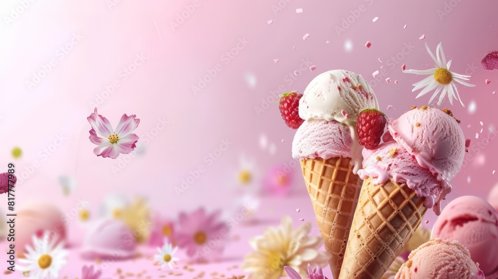 Ice cream in waffle cones against a bright backdrop showcases a variety, with solid background and copy space on center for advertise Ice cream in waffle cones against a bright backdrop showcases a variety, with solid background and copy space on center for advertise