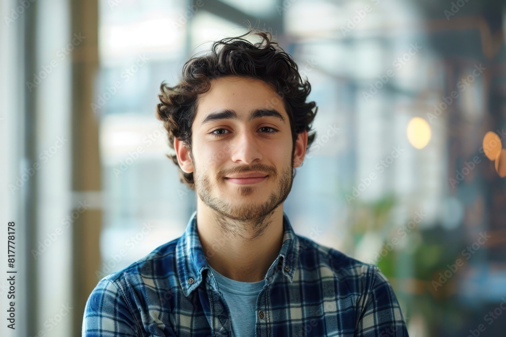 Waist-Up Portrait of a 23-Year-Old Man, Serious Yet Smiling, Blurred Office Windows Background, Works in Advertising Waist-Up Portrait of a 23-Year-Old Man, Serious Yet Smiling, Blurred Office Windows Background, Works in Advertising