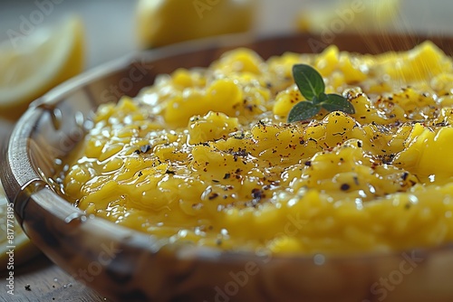 Risotto alla Milanese: Creamy saffron-infused risotto with a bright yellow color and a slightly glossy finish. -