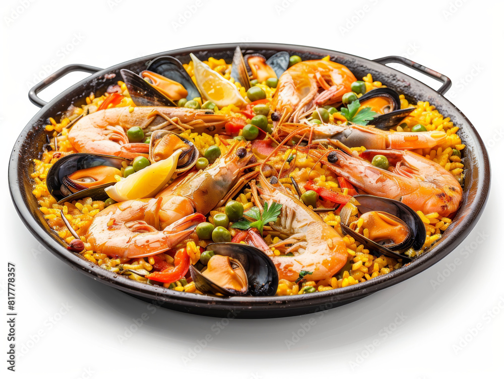 A plate of seafood and vegetables is served in a black bowl A plate of seafood and vegetables is served in a black bowl