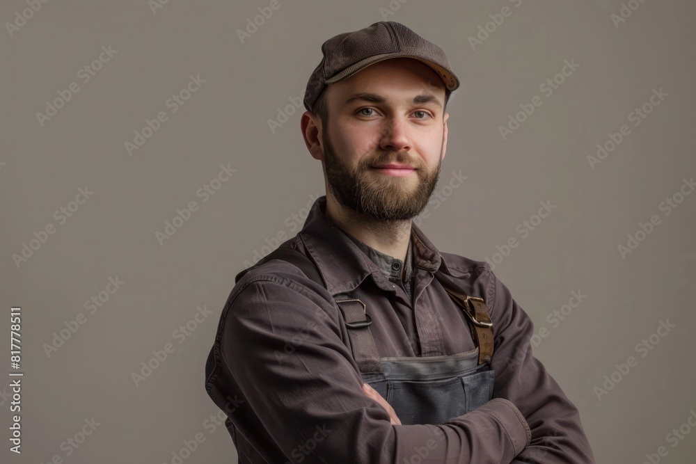 Young Professional Handyman, 30 Years Old, Posing in Beige and Purple for Business and Promotional Materials Young Professional Handyman, 30 Years Old, Posing in Beige and Purple for Business and Promotional Materials