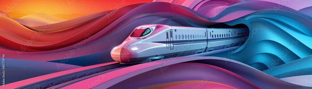 Paper art and craft style of a highspeed train zooming through a futuristic landscape, in cyber color, illustration template