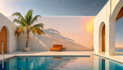 A deckchair is placed by an empty infinity pool. The sun is setting, and palm trees surround the pool.