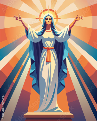 Radiant Art Deco Style Illustration of a Divine Female Figure. Assumption of the Blessed Virgin Mary