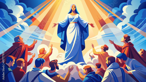 Glorious Ascension: Spiritual Illustration of Divine Figure and Devotees. Assumption of the Blessed Virgin Mary