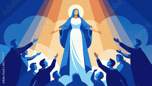 Celestial Apparition of a Holy Figure with Devotees - Spiritual Illustration. Assumption of the Blessed Virgin Mary