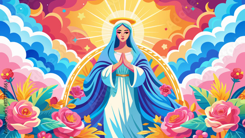 Radiant Virgin Mary Illustration Amidst Floral Paradise. Assumption of the Blessed Virgin Mary