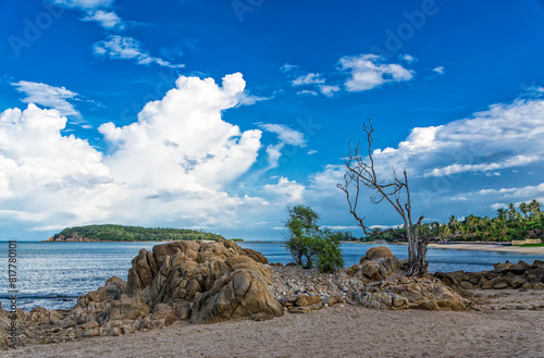 Scenic dramatic landscape of the Samui Island rocky shore with stones on wild beach