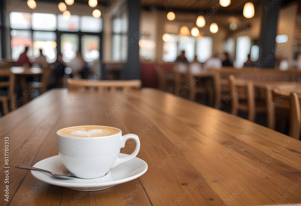 A cup of coffee with a heart-shaped latte art on a wooden table in a cozy cafe setting A cup of coffee with a heart-shaped latte art on a wooden table in a cozy cafe setting