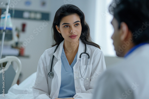 A woman in a white lab coat is talking to a man in a white lab coat