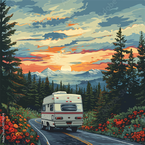 illustration of caravan on the road in nature with sunset and mountains in the background, vectorial 