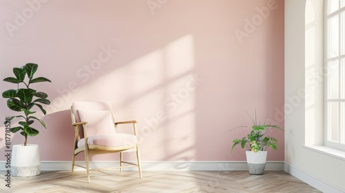 Contemporary living room with pink accent wall  minimalist decor  and natural light. Ideal for modern home design and bright interiors.