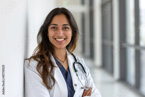 A woman in a white coat and blue scrubs is smiling and posing for a picture