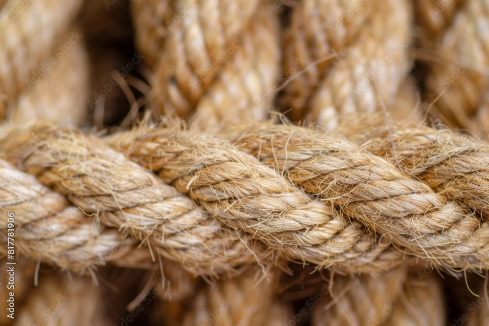 Close-up of a piece of rope, showcasing its twisted texture and natural fibers.