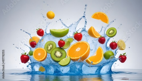 Fresh multi fruits and vegetables splashing into blue clear water splash healthy food diet freshness concept isolated