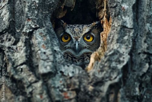 Intense gaze of an owl peeking through a natural window in a tree trunk, showcasing wildlife curiosity and camouflage