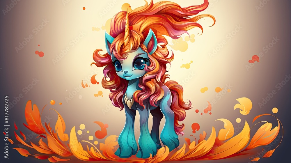 Fototapeta premium Colorful Cartoon Unicorn with Rainbow Mane and Decorative Elements - Vector Clip Art