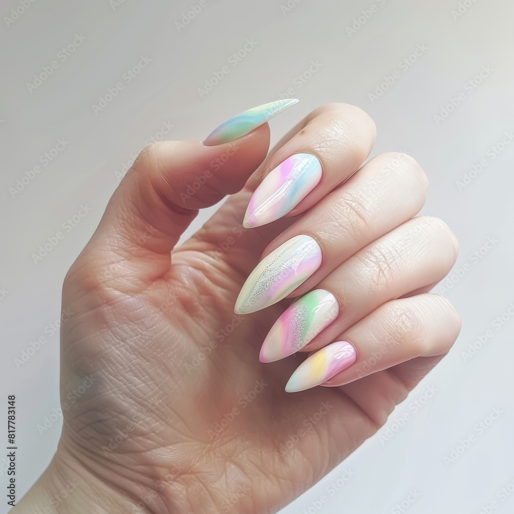 A close-up of a white woman's hand with pastel marble effect nails. A close-up of a white woman's hand with pastel marble effect nails.