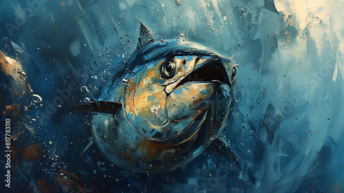 A painting of a bluefin tuna swimming gracefully in the ocean photo