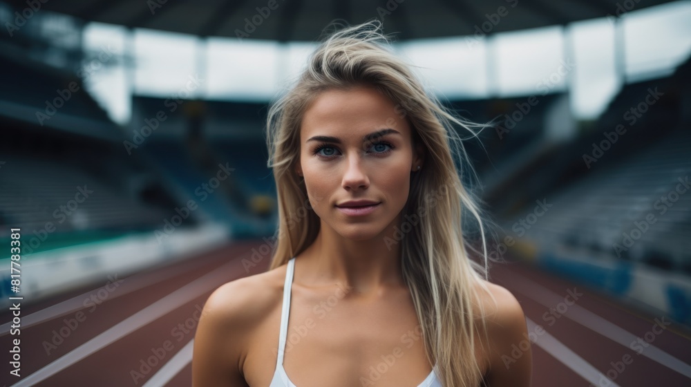 Fototapeta premium close-up portrait of a blonde woman with wind-swept hair, wearing a white sports top and standing on what appears to be a running track
