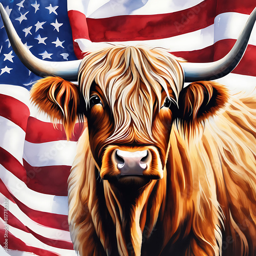 USA Patriotic illustration with American symbols. Image with highland cow on the national flag background for the Fourth of July holiday