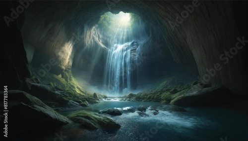 Serene Waterfall Cascading Inside a Mystical Cave with Detailed Water Flow and Natural Light Illuminating the Scene - Generated by AI