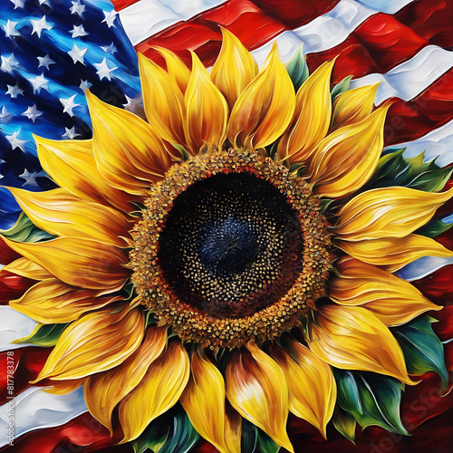 USA Patriotic illustration with American symbols. Image with sunflowers bouquet and national flag for the Fourth of July holiday