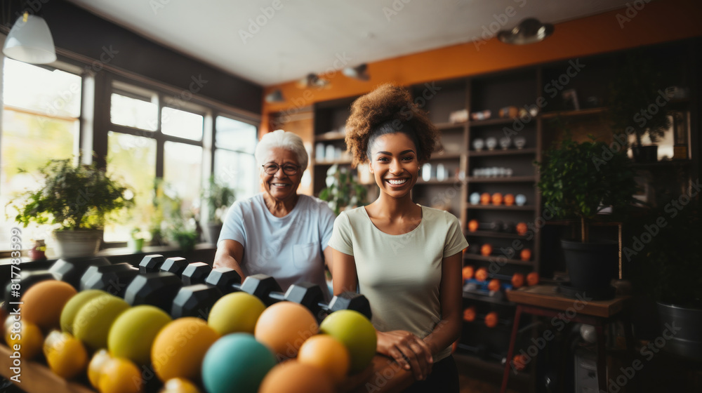 Fototapeta premium Senior Woman and Young Woman Smiling in a Gym with Dumbbells and Exercise Balls