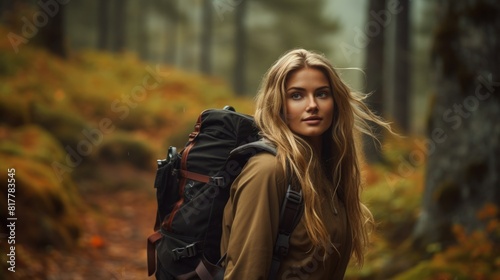  Young woman with long, blonde hair standing in a scenic, forested environment.