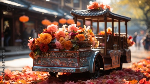 Celebration of Dongzhi Festival with Traditional Cart Adorned with Colorful Flowers and Lanterns