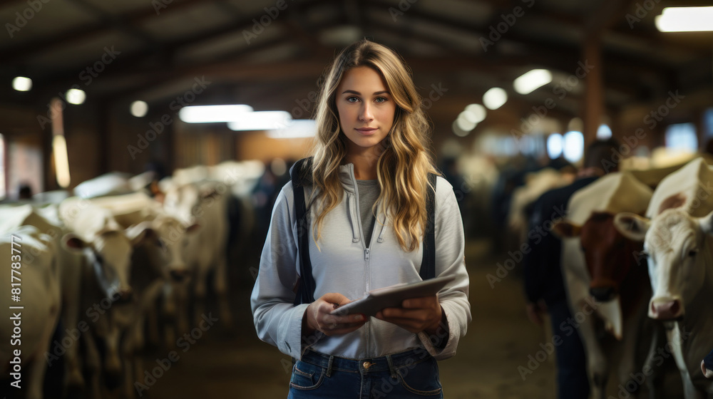 Fototapeta premium Young Female Farmer with Tablet Standing by Cows in Cattle Barn