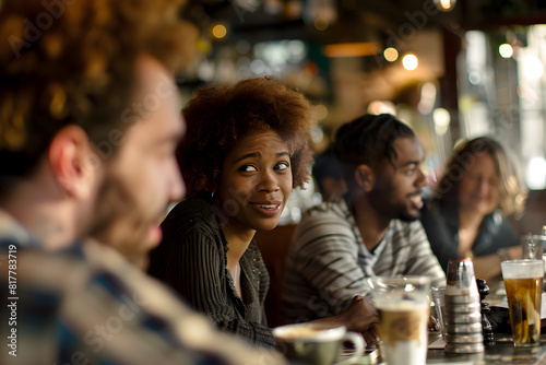 a diverse group of people engaged in a lively discussion at a coffee shop, representing social interaction and community engagement