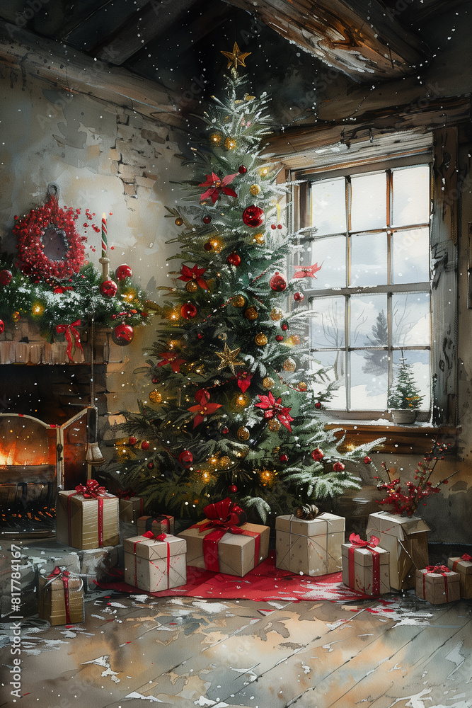 Painting of a Christmas tree adorned with decorations, standing in front of a cozy fireplace