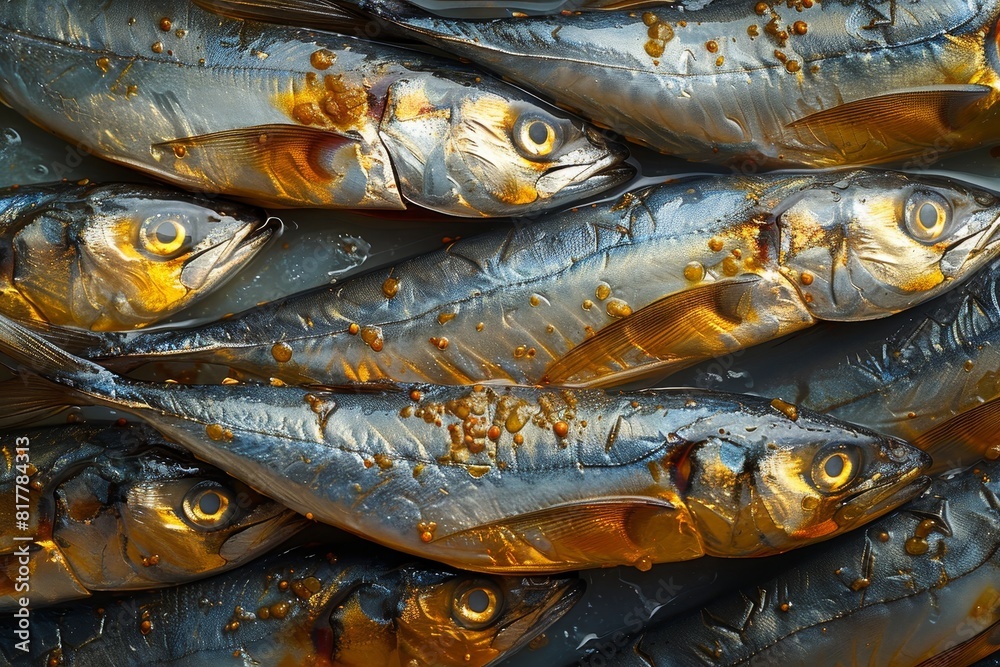 Obraz premium Sardines arranged in a can, perfect for canned food product advertisements. 