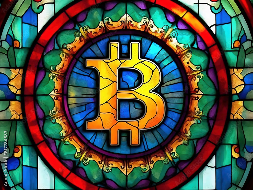Obraz premium large stained-glass window with the bitcoin symbol, creating an ethereal effect