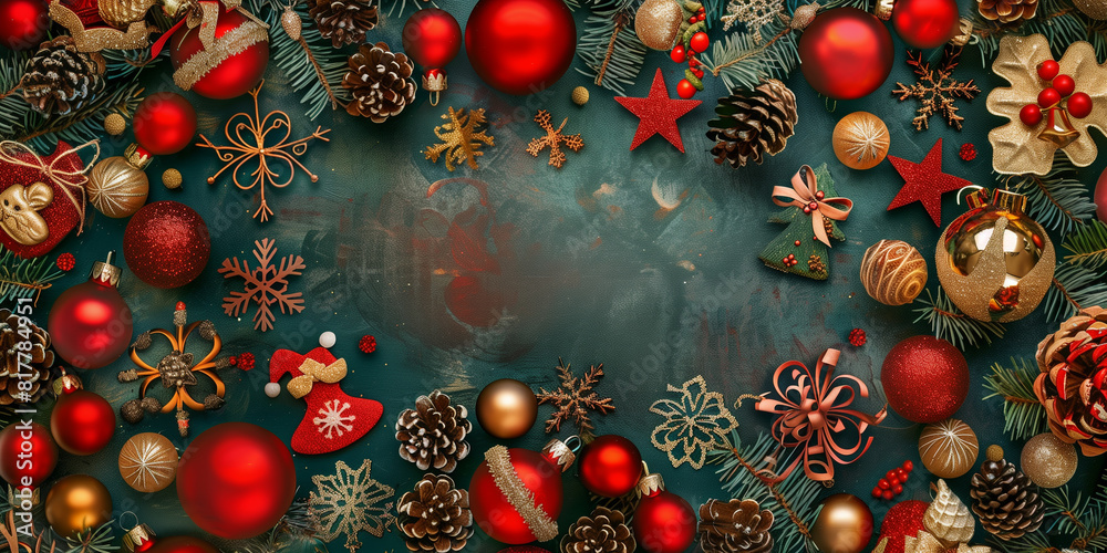 Various Christmas symbols and decorations displayed against a vibrant green background copy space Various Christmas symbols and decorations displayed against a vibrant green background copy space