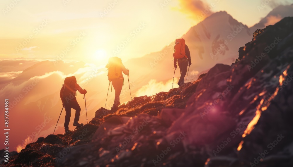 A scene of a mountain travel adventure with a group of people hiking during sunset, emphasizing the themes of exploration, teamwork, and the beauty of nature in summer