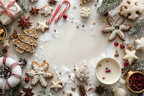 A festive Christmas scene featuring cookies and various decorations on a white background copy space © alenagurenchuk