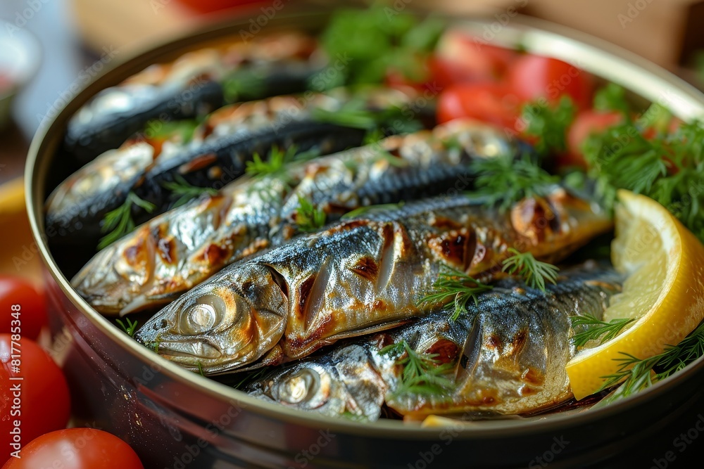 Sardines arranged in a can, perfect for canned food product advertisements. Sardines arranged in a can, perfect for canned food product advertisements.